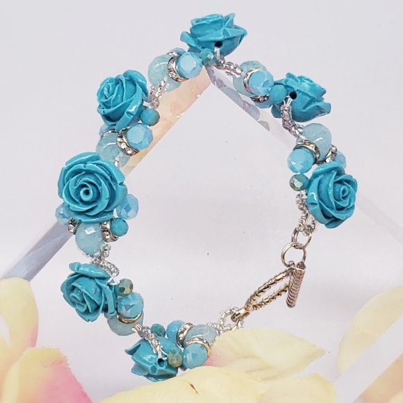 Turquoise Ice & Roses 3pc Jewelry Set,  Sterling Silver w/Glass & Crystal Beads - Picture 9 of 15